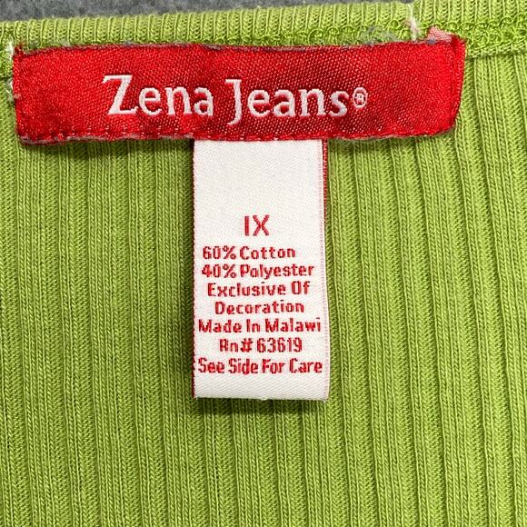 Vtg Y2K 00s Babydoll Jersey Knit Ruched Lace V Neck Lettuce Hem Top 1X LimeGreen - Picture 8 of 9